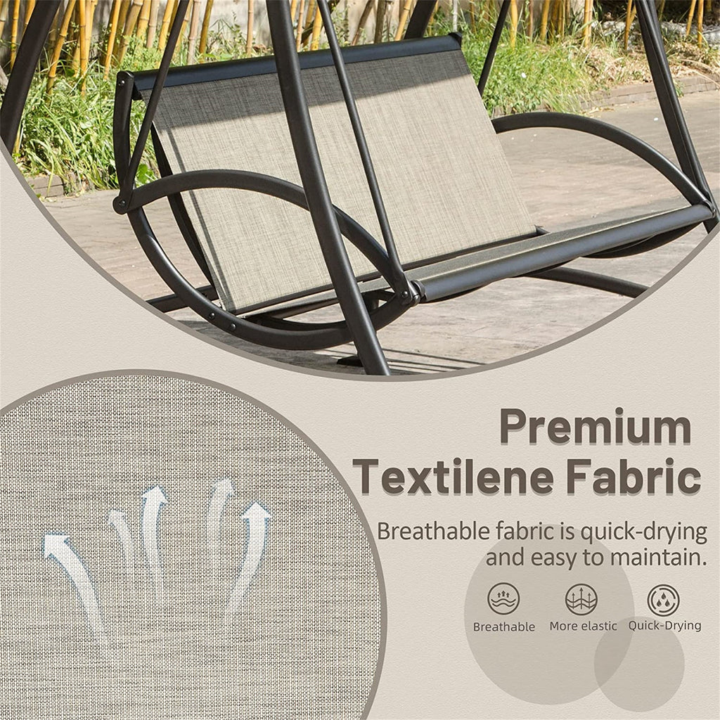 Outdoor Porch Swing 3-Seat Steel Textilene Dark Brown Canopy 73x52 In 970 LB