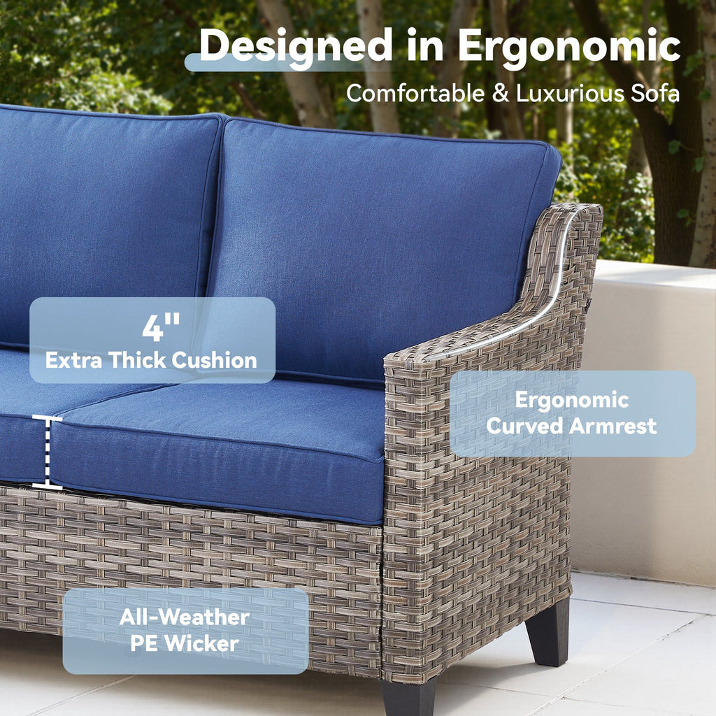 73.2 in Outdoor Patio Sofa, 3-Seat Gray Rattan Couch with Blue Cushions