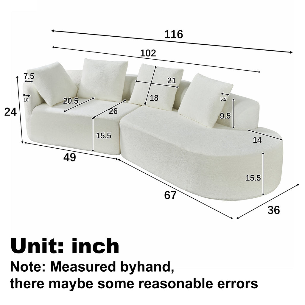 Sectional Sofa Curved Pearl Polyester Beige 3 Seat Right Chaise 116 In
