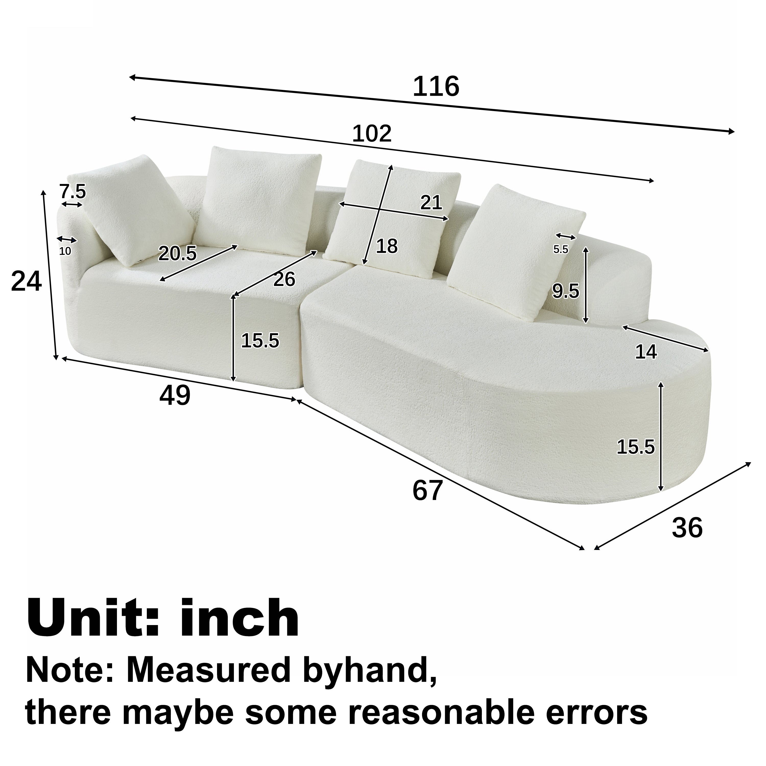 Sectional Sofa Curved Pearl Polyester Beige 3 Seat Right Chaise 116 In