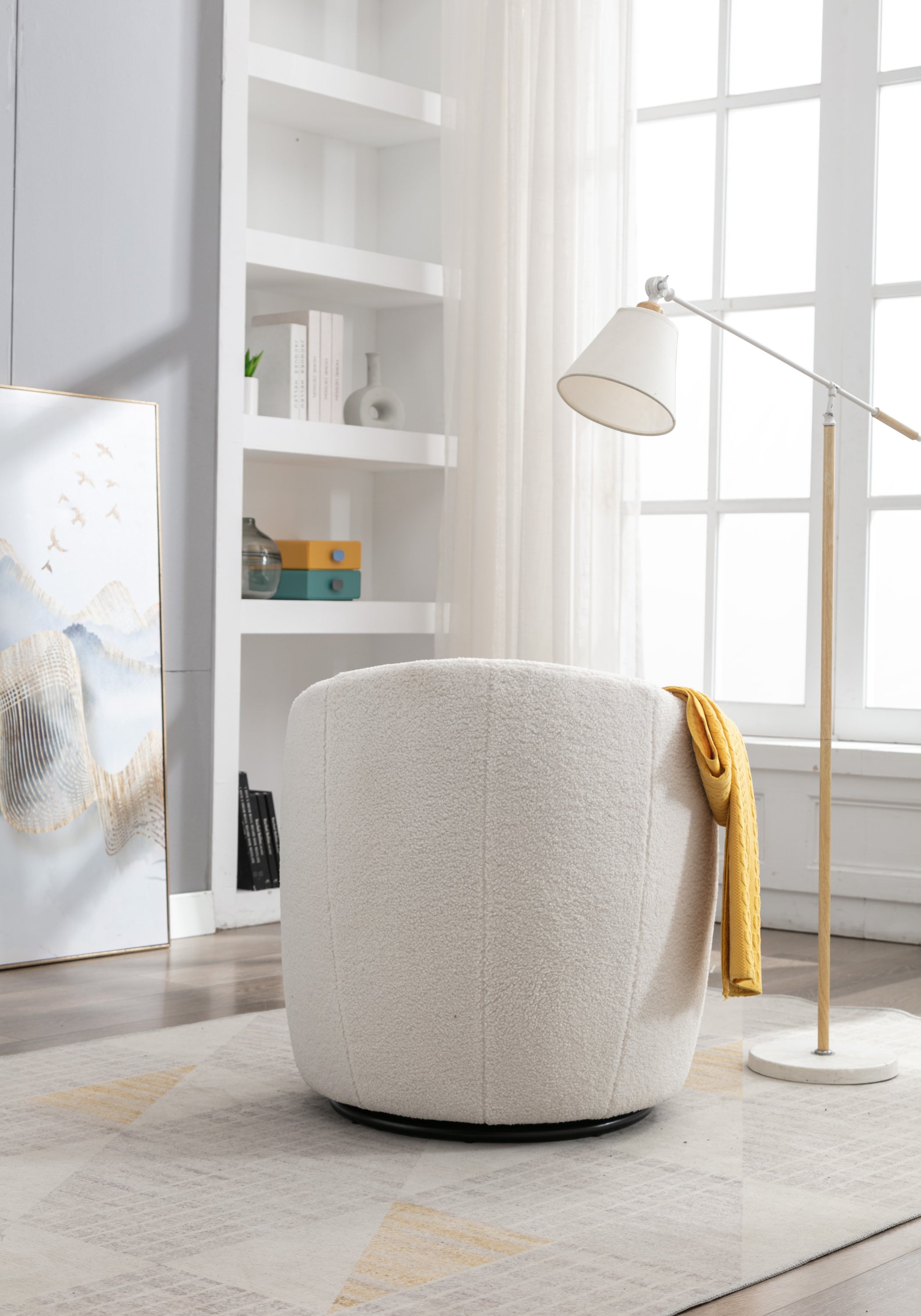 Accent Chair Swivel Barrel Teddy Fabric Ivory Black Ring Base 360 Degree 250 LB