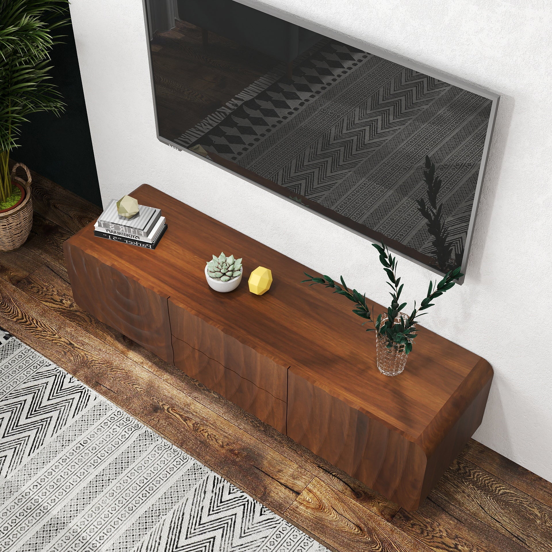 TV Stand Floating Base Spiral Wave Walnut for 60" TVs