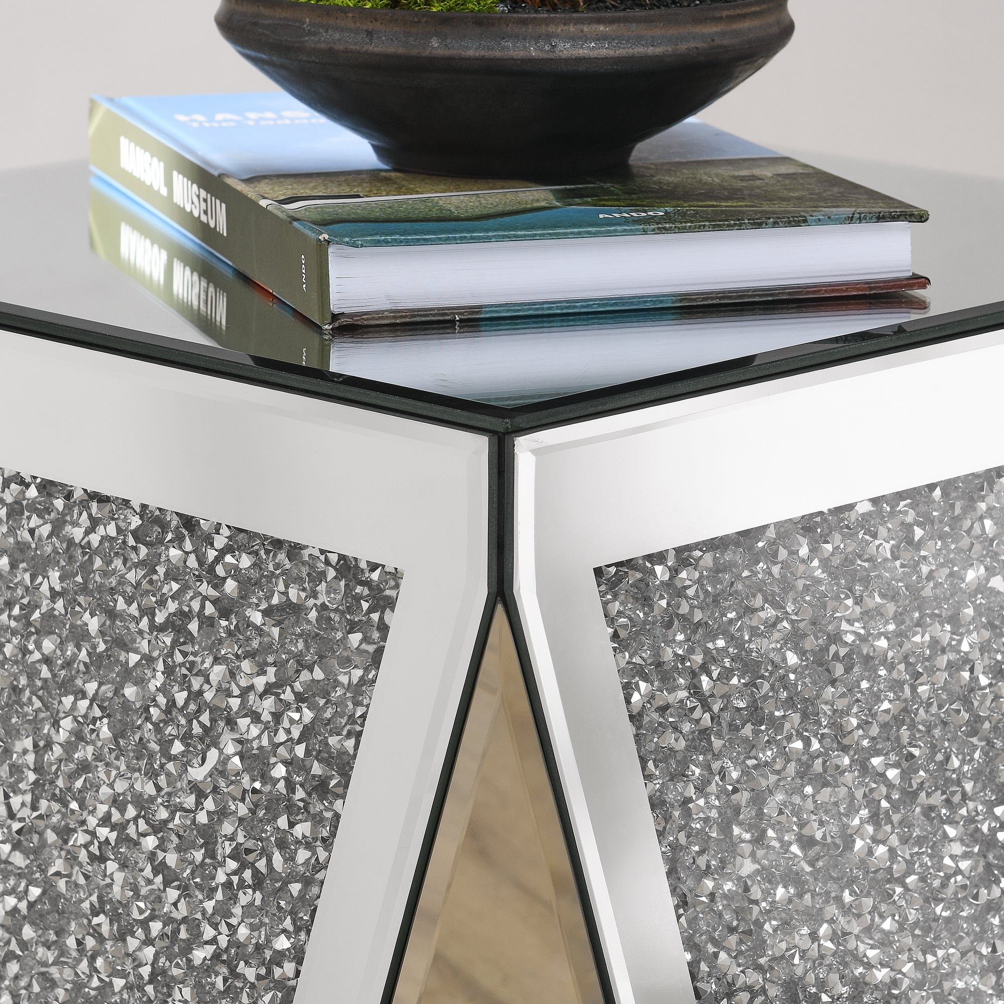 Inverted Triangle Mirror Coffee Table, Crystal Diamond Inlaid, Silver Glass