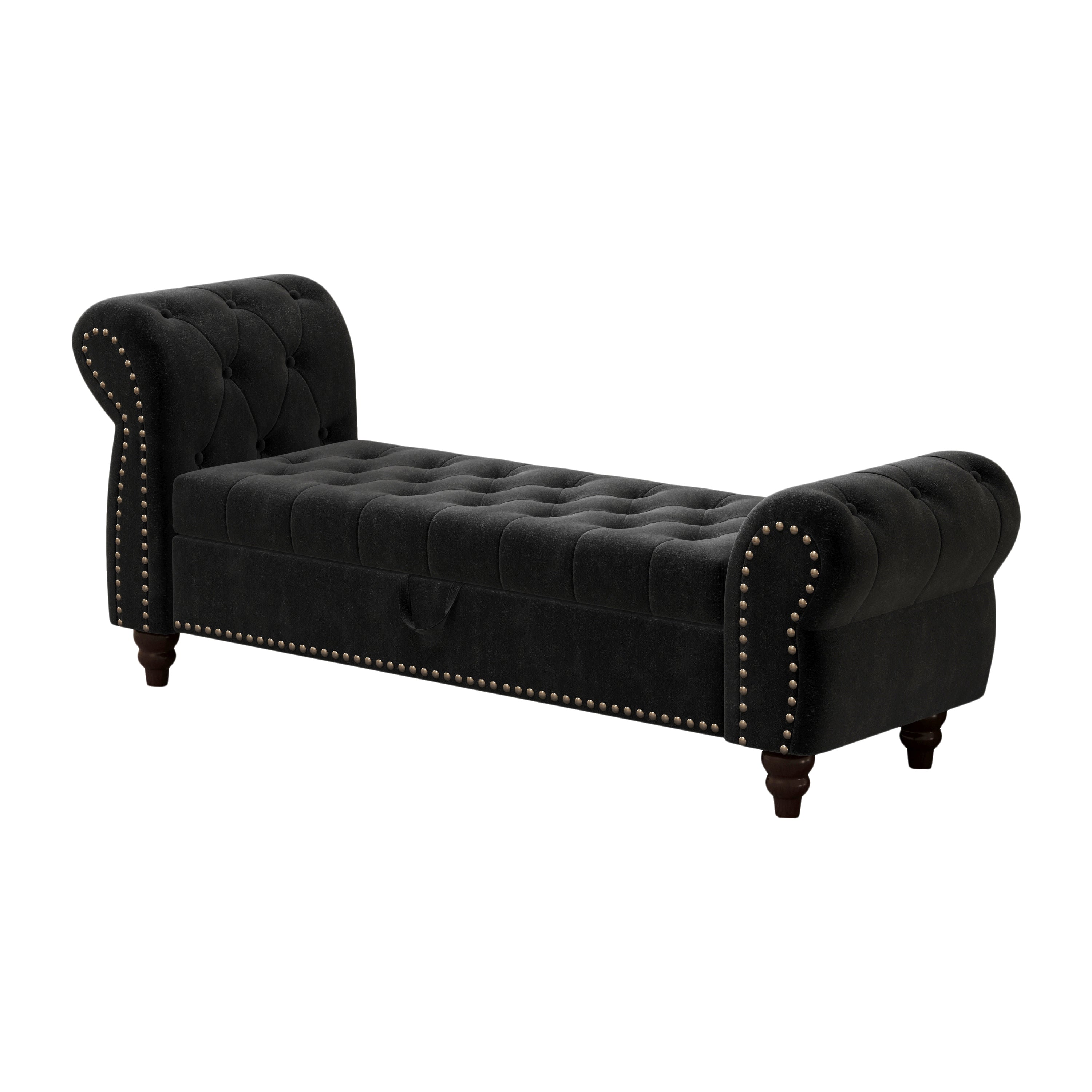 64.5 in Tufted Chaise Lounge Bench with Storage, Velvet Upholstery, Black