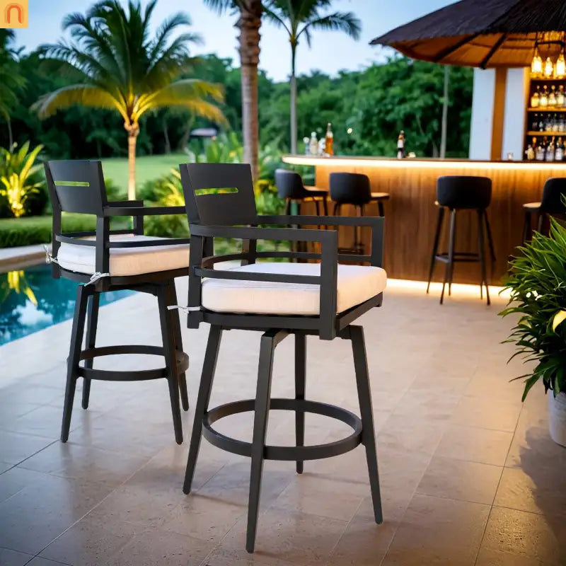 Outdoor Bar Stool Aluminum Black Swivel Footrest 360 Cushion Set of 2