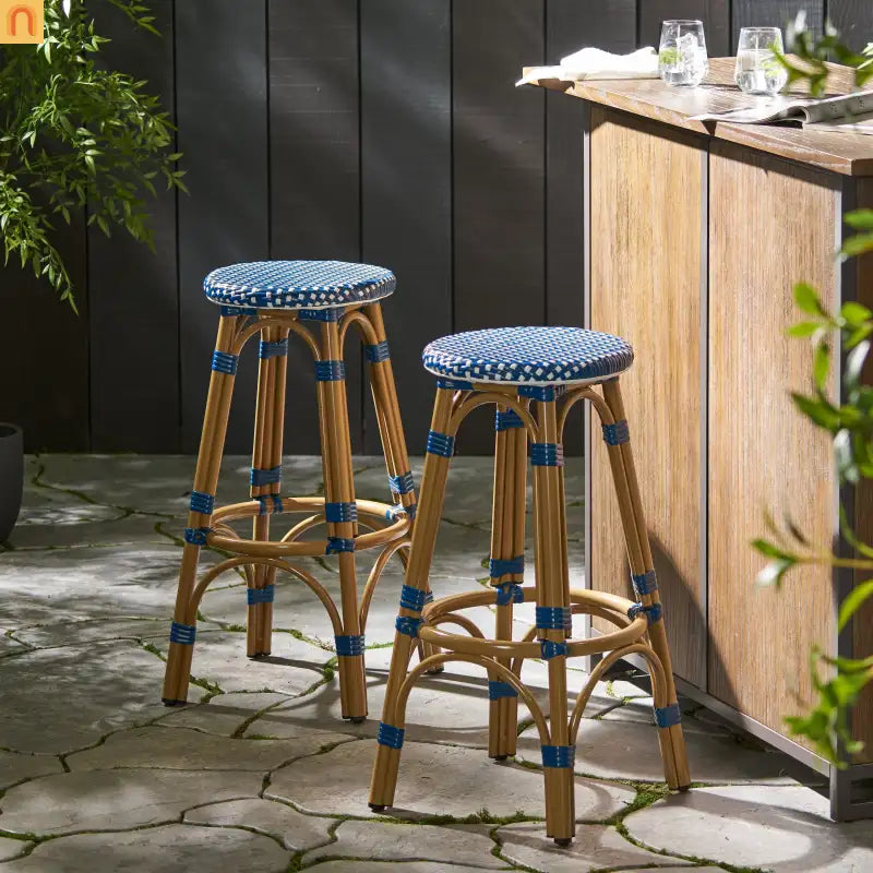 Outdoor Bar Stool PE Rattan 29.5" Navy Blue Set of 2
