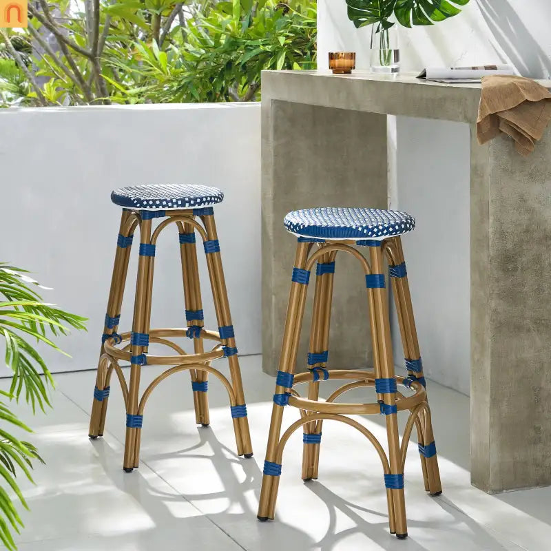 Outdoor Bar Stool PE Rattan 29.5" Navy Blue Set of 2