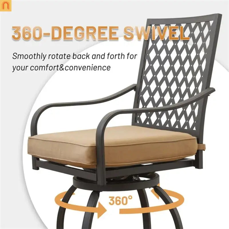 Outdoor Swivel Bar Stool Set Metal Khaki Cushion 360 Degree Set of 2