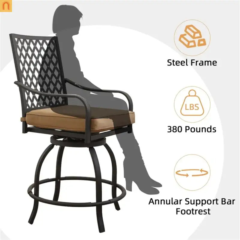 Outdoor Swivel Bar Stool Set Metal Khaki Cushion 360 Degree Set of 2