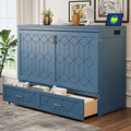 Queen Size Murphy Bed Wall Bed with Drawer and Sockets and USB Ports, Navy Blue