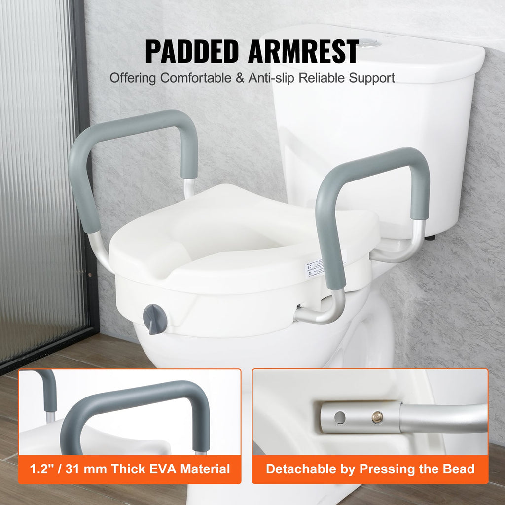 Raised Toilet Seat 5 In Height Padded Armrests Adjustable Twist Lock 350 LB