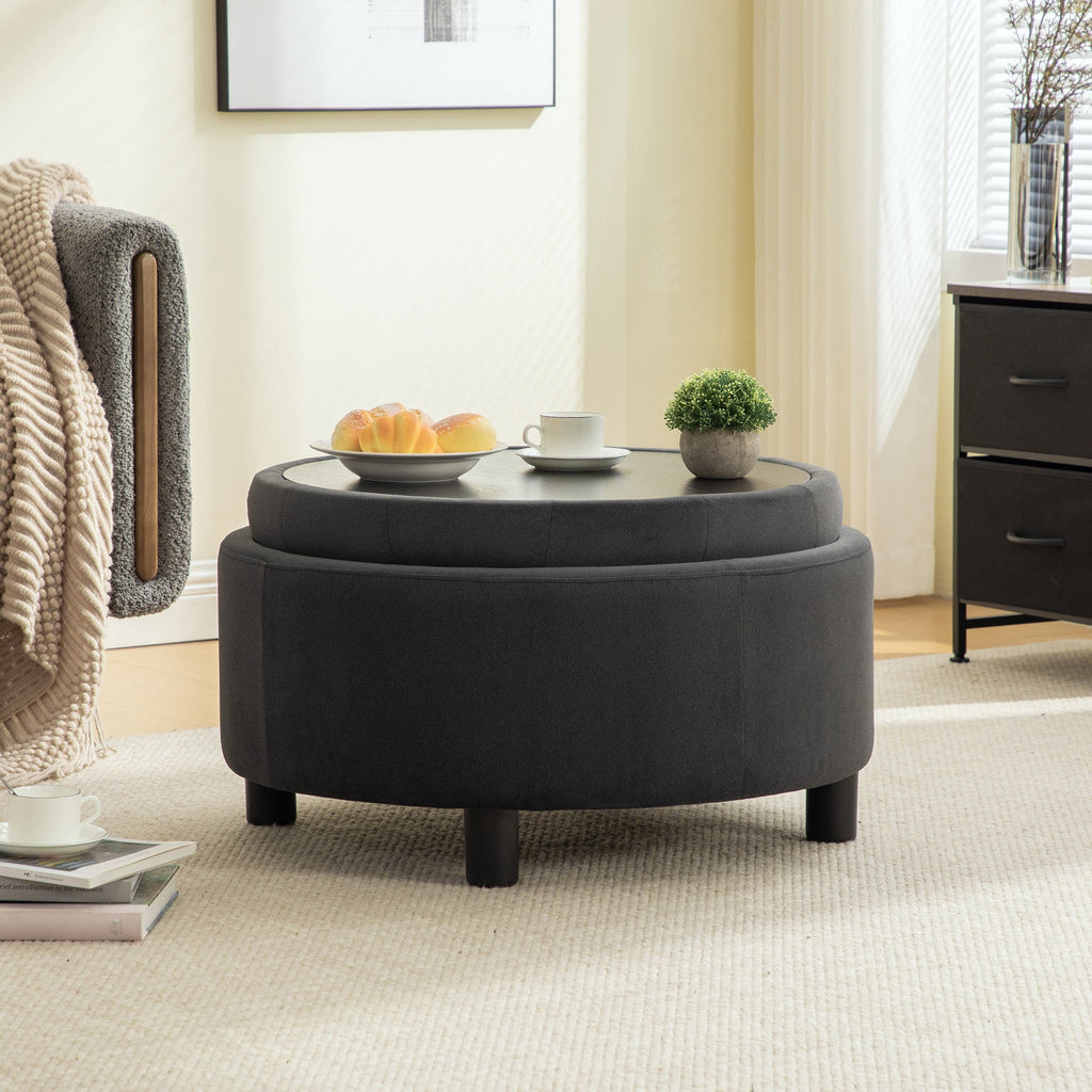 29.33' Round Upholstered Ottoman with Reversible Lid, Fleece Fabric, Gray