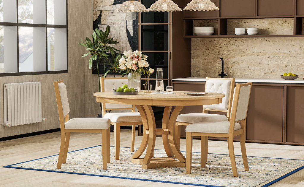 5-Piece Retro Functional Dining Table Set Extendable Round Table and 4