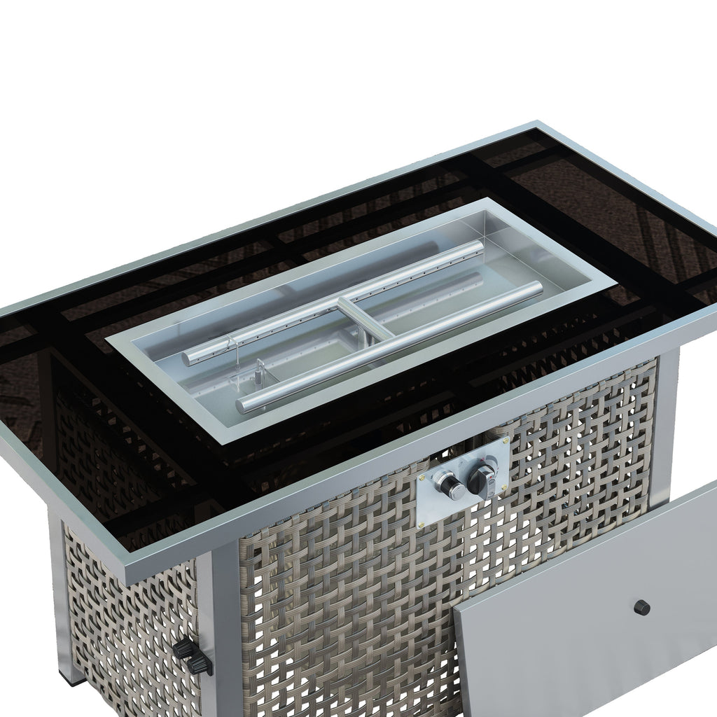 43 in Propane Gas Fire Pit Table 60,000 BTU Rectangular Open Weave Wicker, Grey