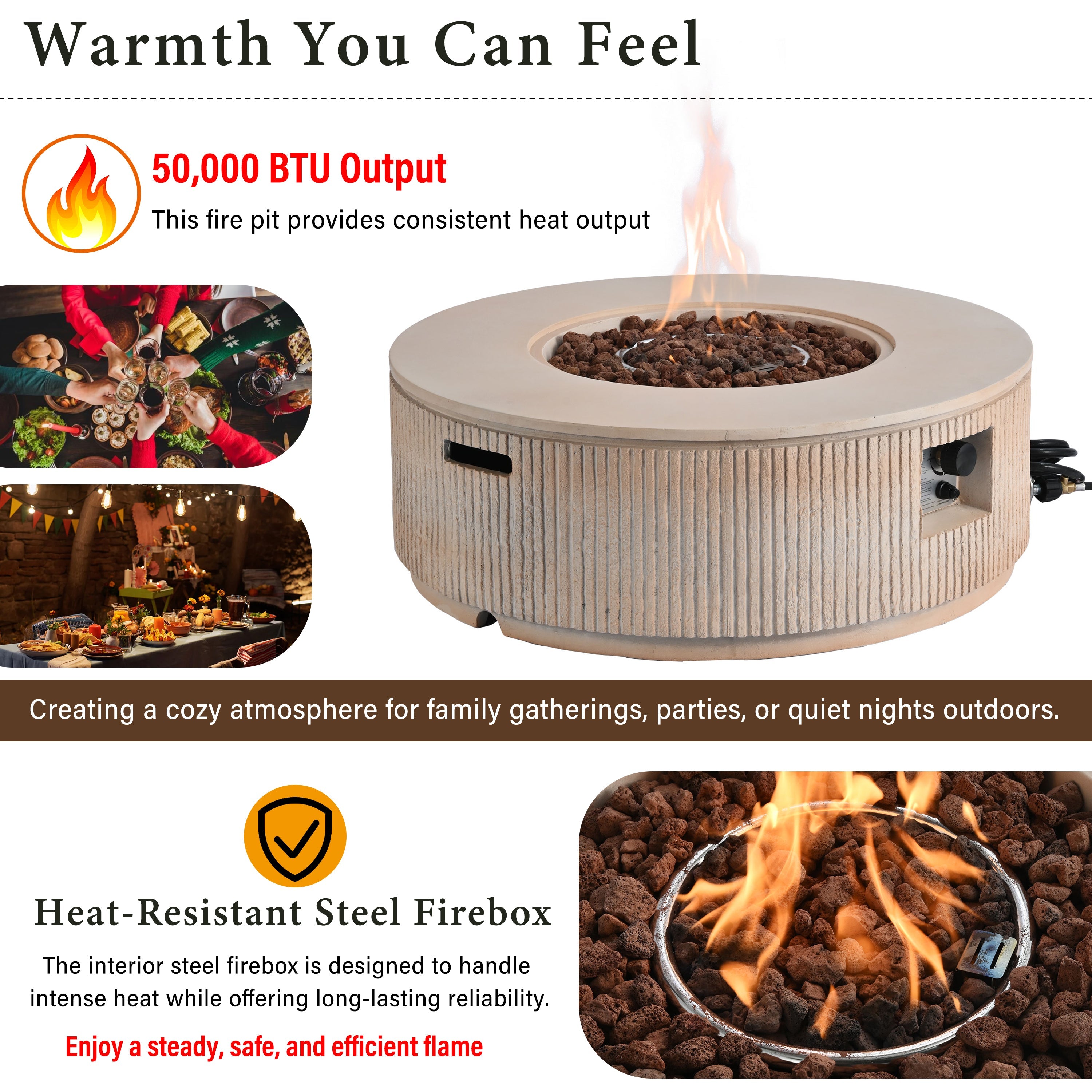 Fire Pit Propane Round MGO 50000 BTU with Tank Cover Table 38.19 In