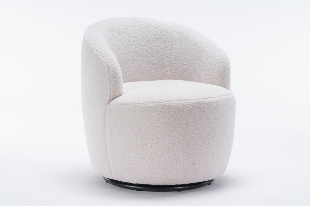 Accent Chair Swivel Barrel Teddy Fabric Ivory Black Ring Base 360 Degree 250 LB