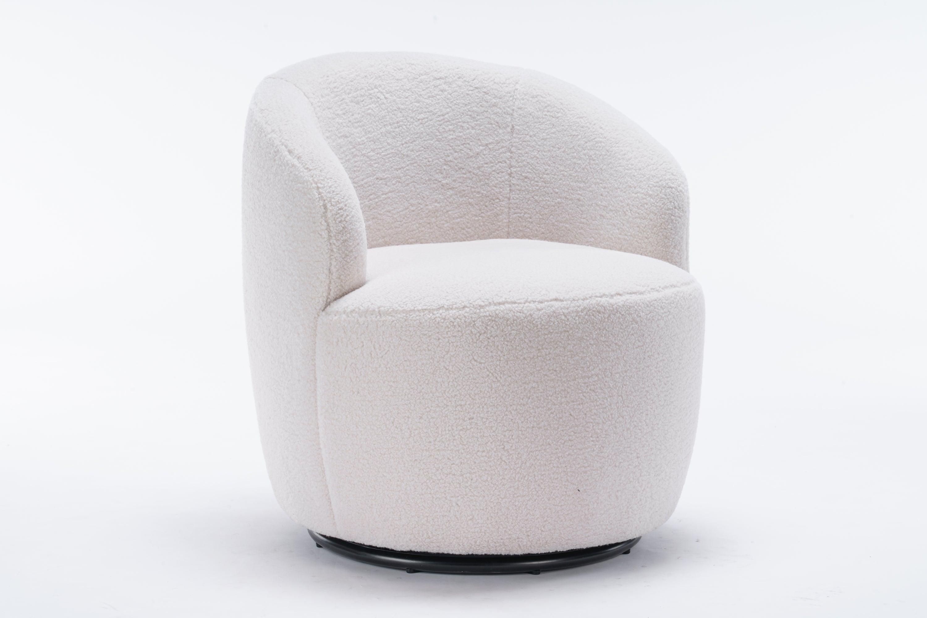 Accent Chair Swivel Barrel Teddy Fabric Ivory Black Ring Base 360 Degree 250 LB