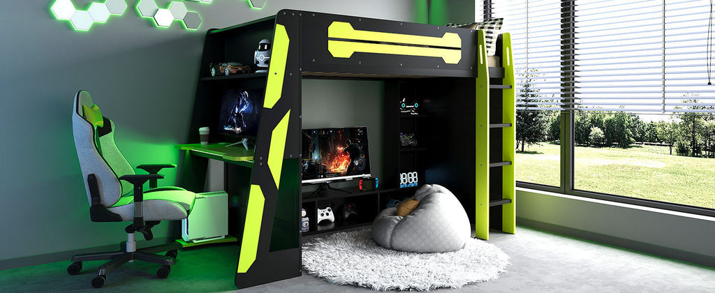 Twin Size Wood Loft Bed with Desk, Multi-storage Shelves and RGB Light, Green
