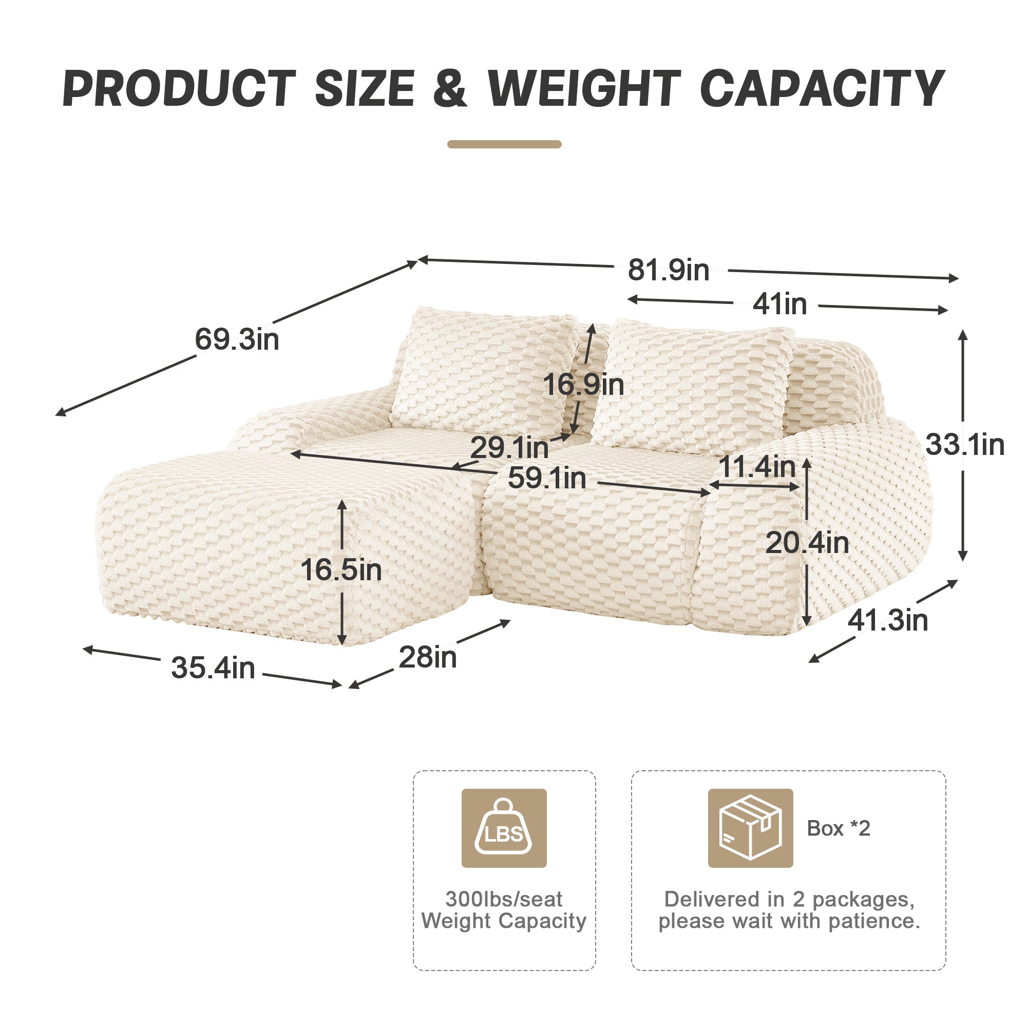 Sectional loveseat L-Shape Flannelette Cream 2 Seat with Ottoman 82 In