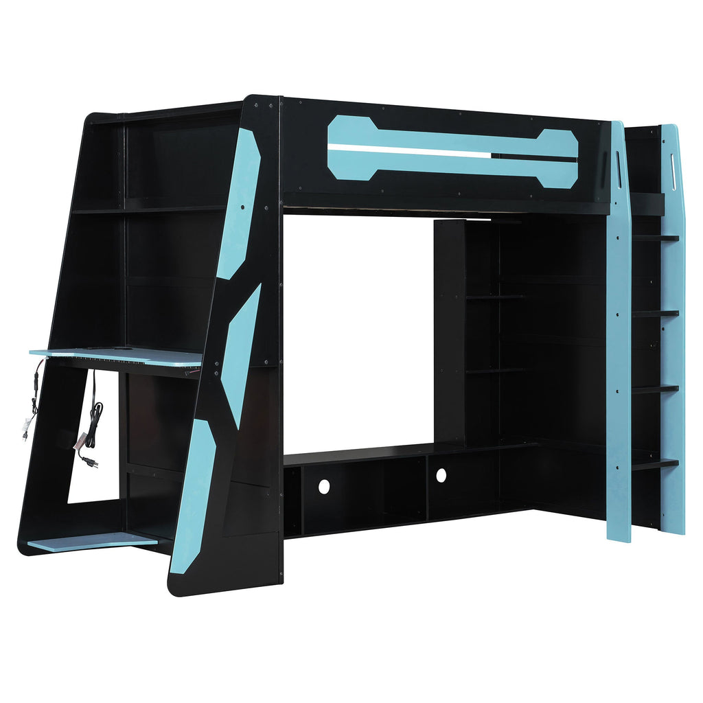 Twin Size Wood Loft Bed with Desk, Multi-storage Shelves and RGB Light, Cloud