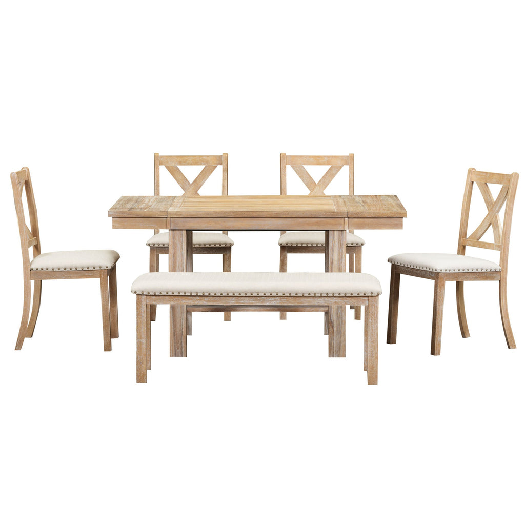 Farmhouse 82inch 6-Piece Extendable Dining Table with Footrest, 4 Upholstered