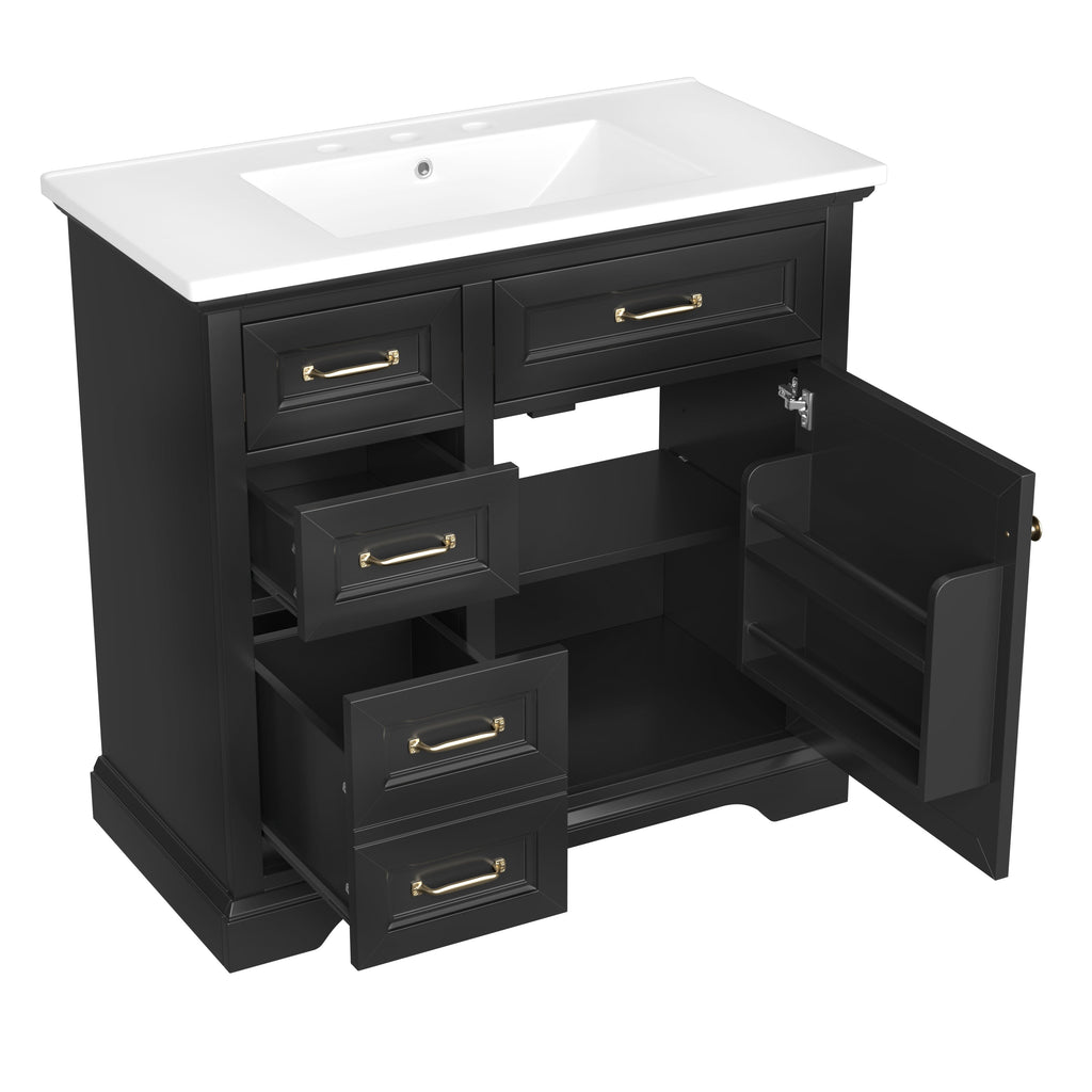 36-Inch Bathroom Vanity with Ceramic Sink Top, 4 Drawers and 1 Soft-Close Door