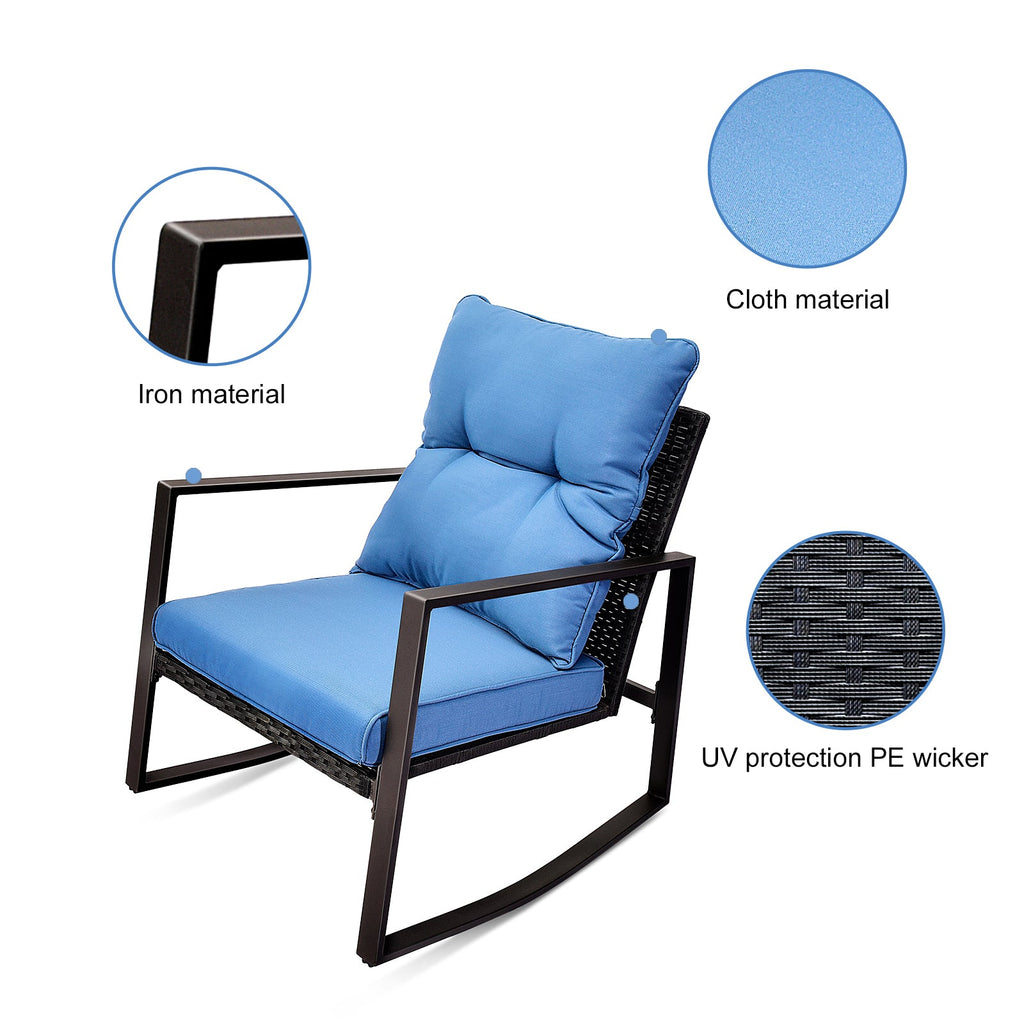 Outdoor Bistro Set Wicker Iron Blue 3 Piece Rocking Chairs Cushions Seats 2