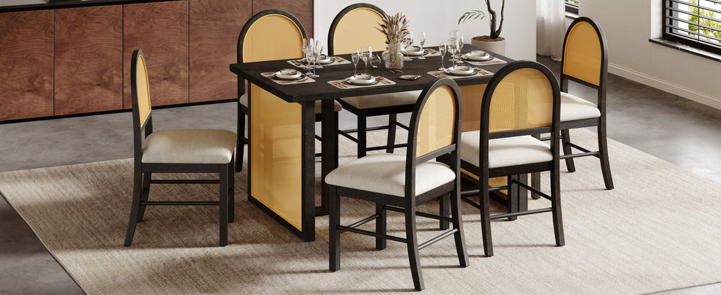 7-Piece Farmhouse Dining Table Set for 6, 59.8 in Rectangular Table with Rattan Chairs