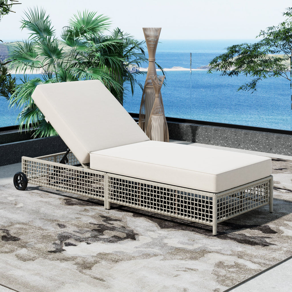 Outdoor Lounge Chair, 5-Position Adjustable Rattan Chaise with Cushion and