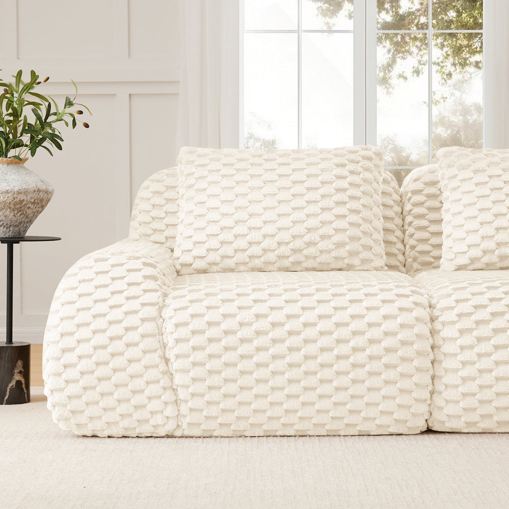 Sectional loveseat L-Shape Flannelette Cream 2 Seat with Ottoman 82 In