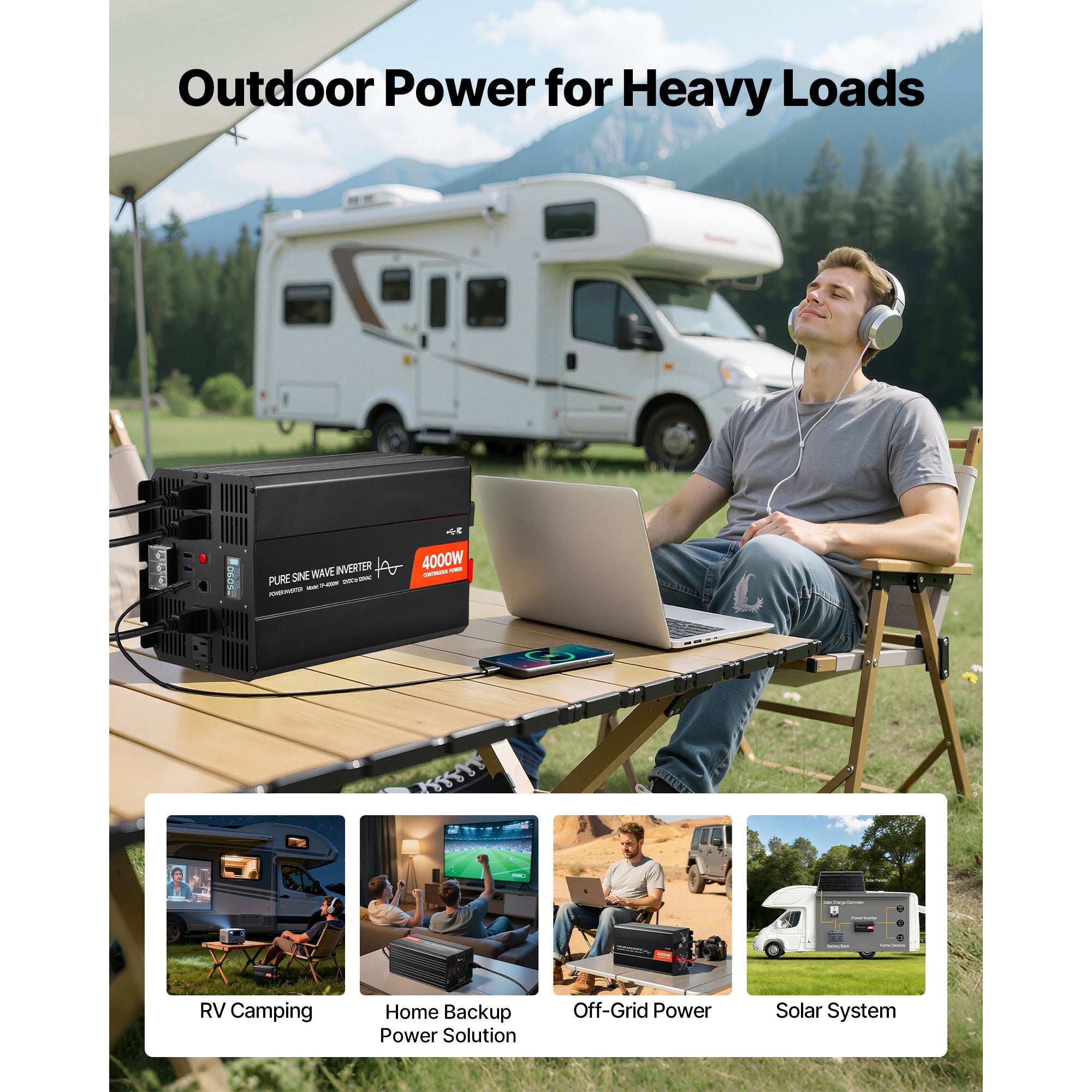 4000W Pure Sine Wave Power Inverter, 12V to 120V, LCD, USB, for RV Truck