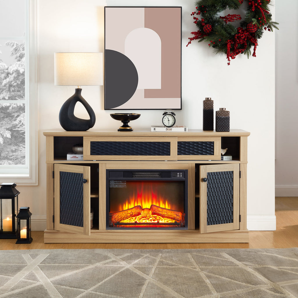 TV Stand Fireplace Light Oak MDF Embossed Doors 1400W Fits 65 In TV 58.27 In