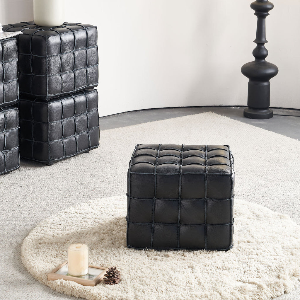 17.32'' Quality Leather Tufted Ottoman Footstool for Living Room, Black