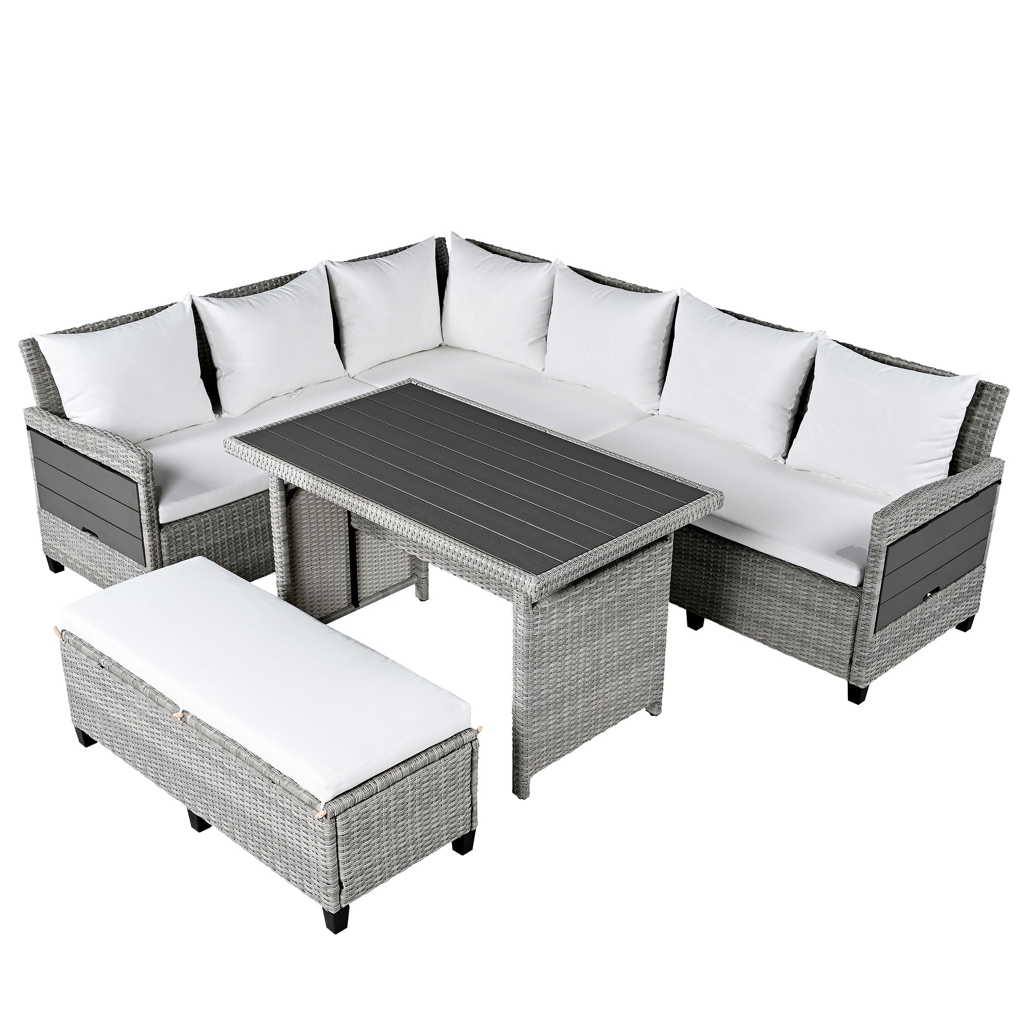 Outdoor Sectional Set PE Rattan Steel White 5 Piece Seats 7 Extendable
