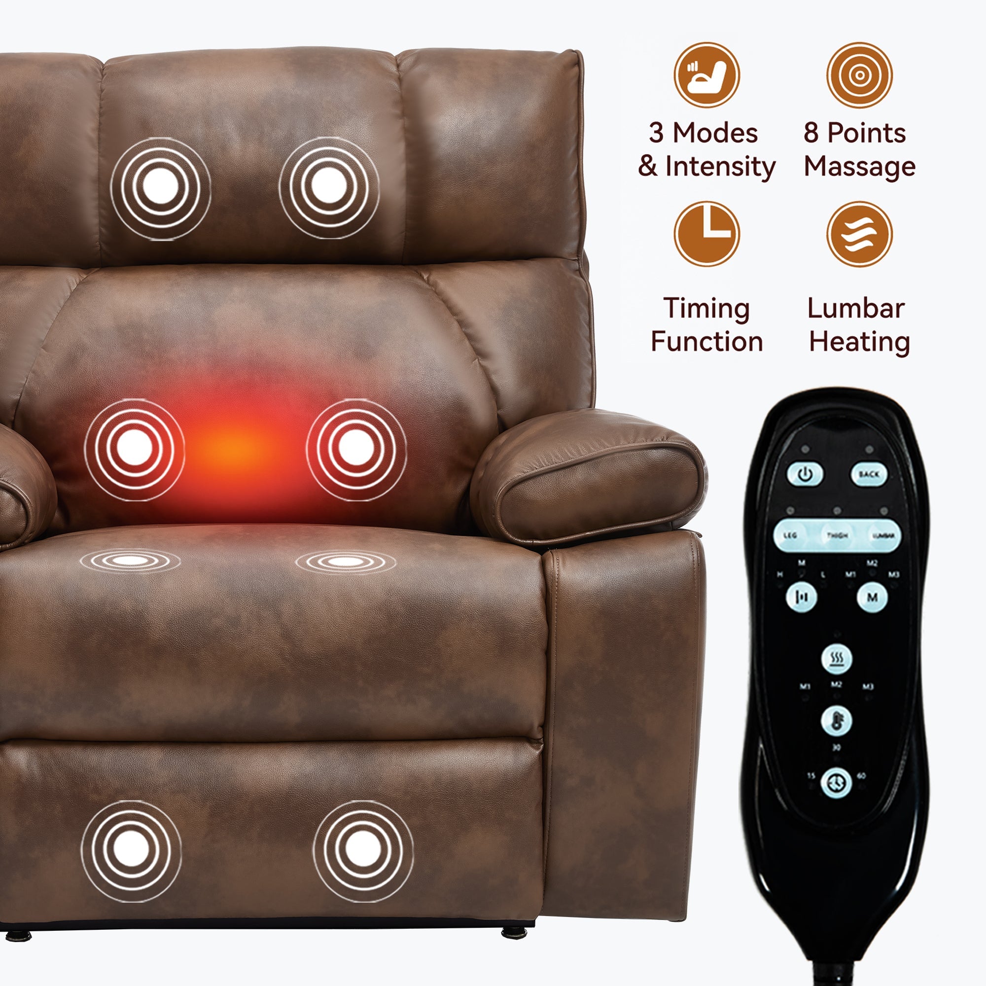 Lift Recliner Chair Power Faux Leather Brown Dual Motor Heat Massage 350 LB