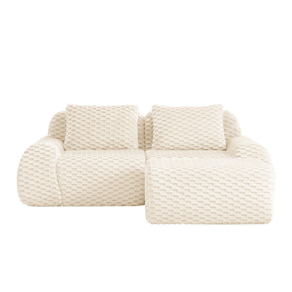 Sectional loveseat L-Shape Flannelette Cream 2 Seat with Ottoman 82 In