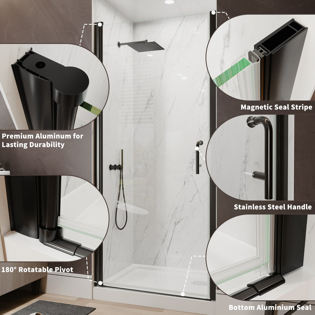 34-36 in. W x 72 in. H Pivot Frameless Shower Door, Matte Black, 1/4in Glass
