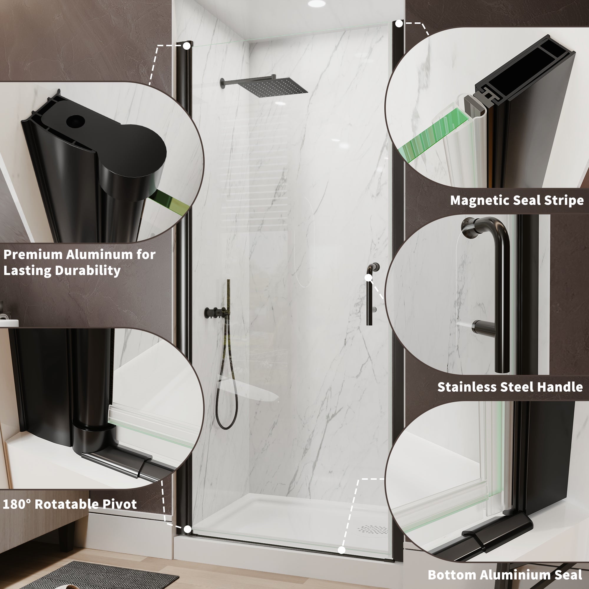 34-36 in. W x 72 in. H Pivot Frameless Shower Door, Matte Black, 1/4in Glass