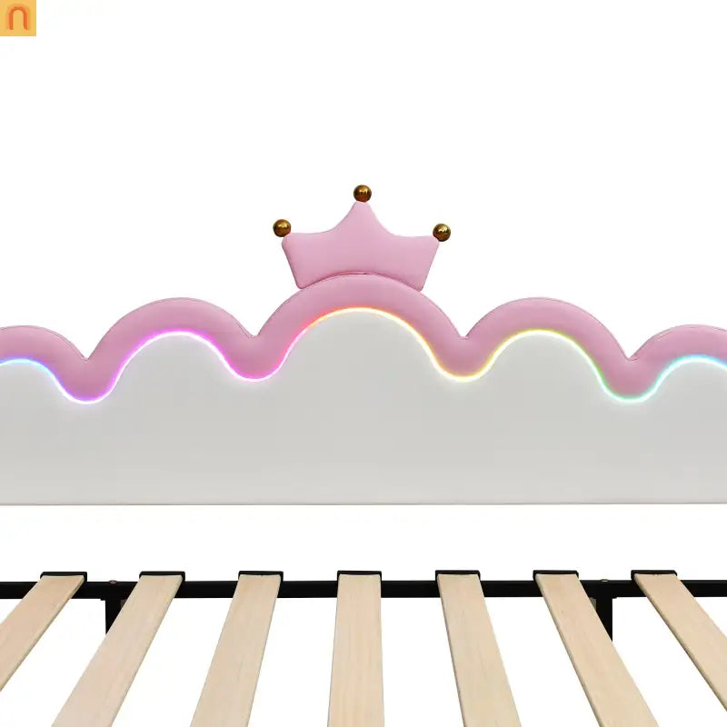 Twin Bed Frame Pink Crown Headboard LED Remote