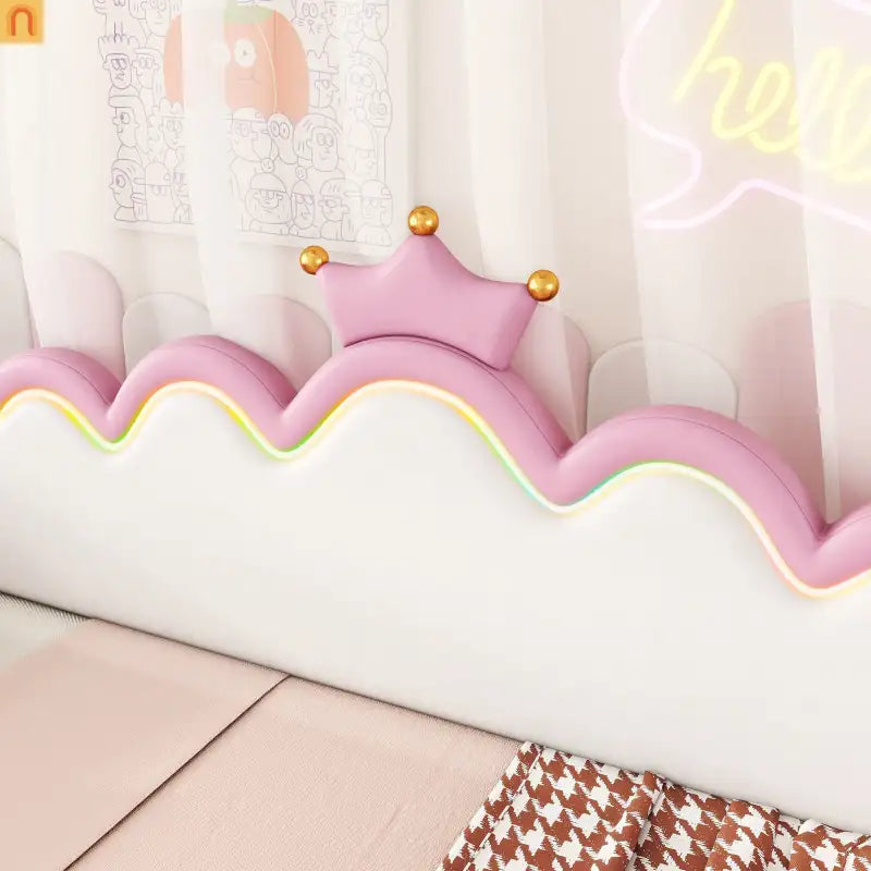 Twin Bed Frame Pink Crown Headboard LED Remote