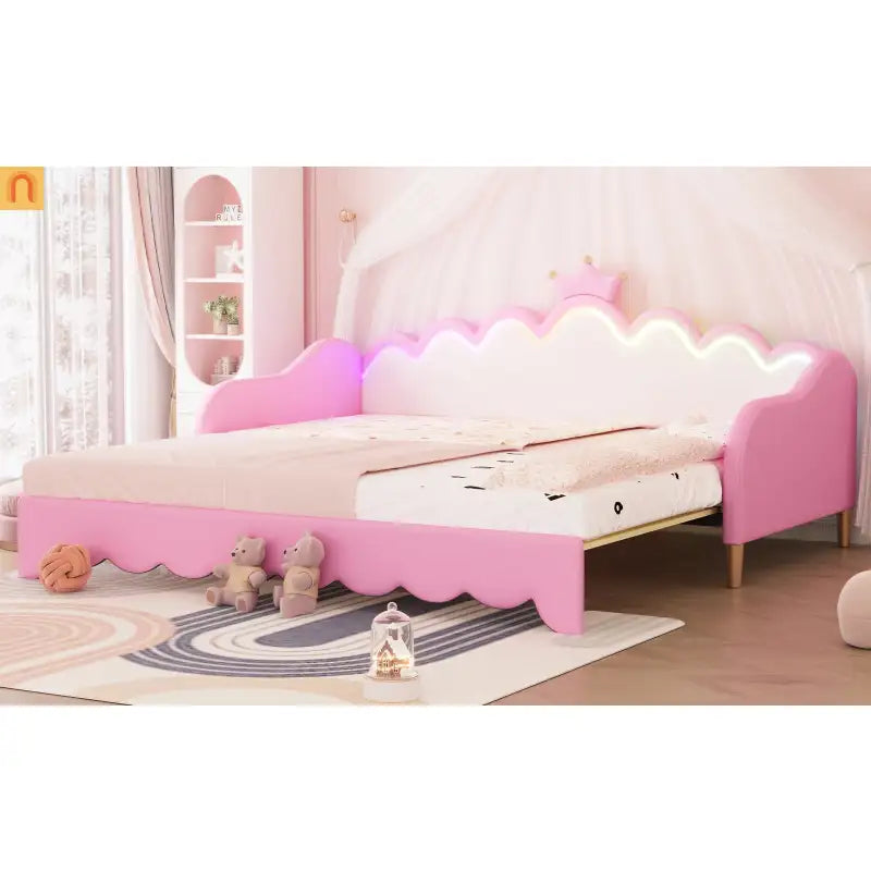 Twin Bed Frame Pink Crown Headboard LED Remote