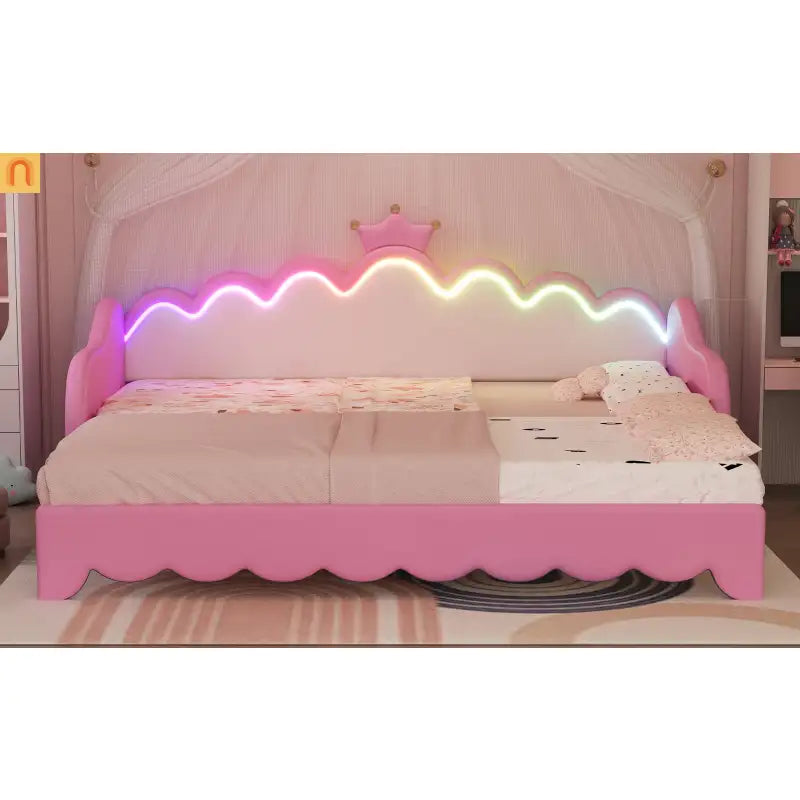 Twin Bed Frame Pink Crown Headboard LED Remote