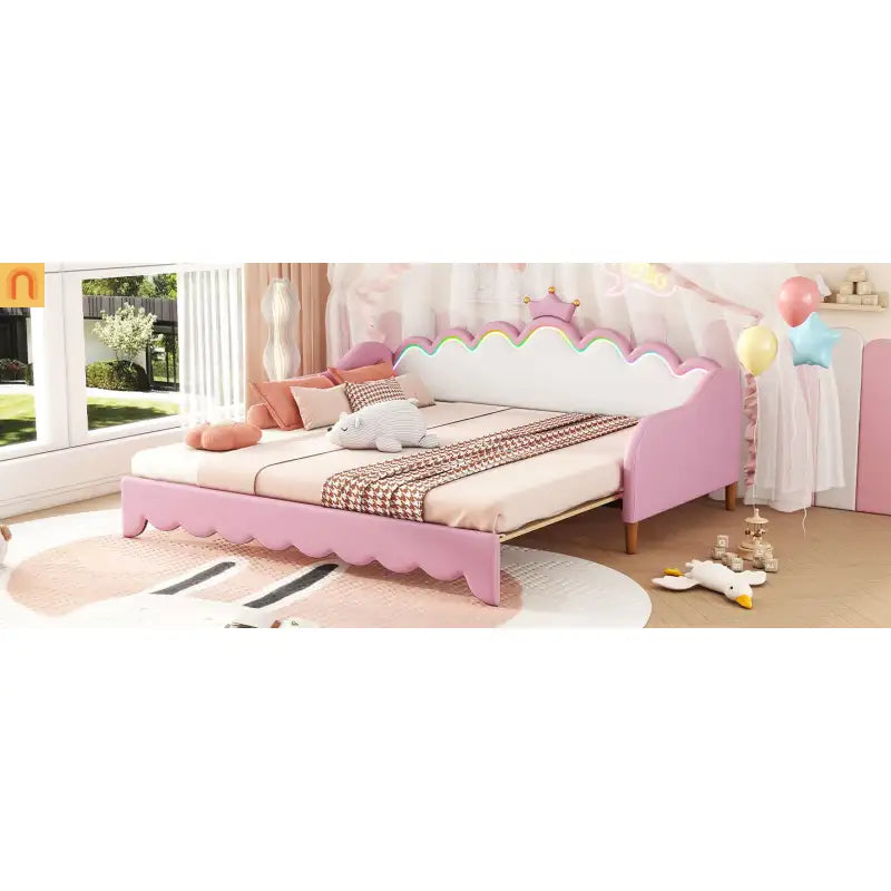 Twin Bed Frame Pink Crown Headboard LED Remote