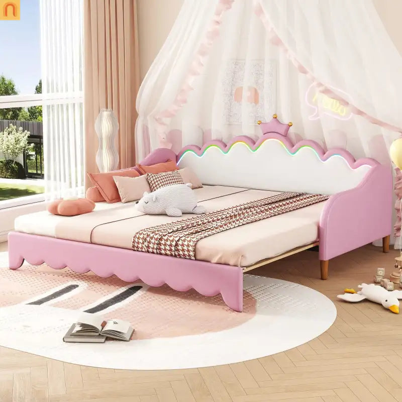 Twin Bed Frame Pink Crown Headboard LED Remote