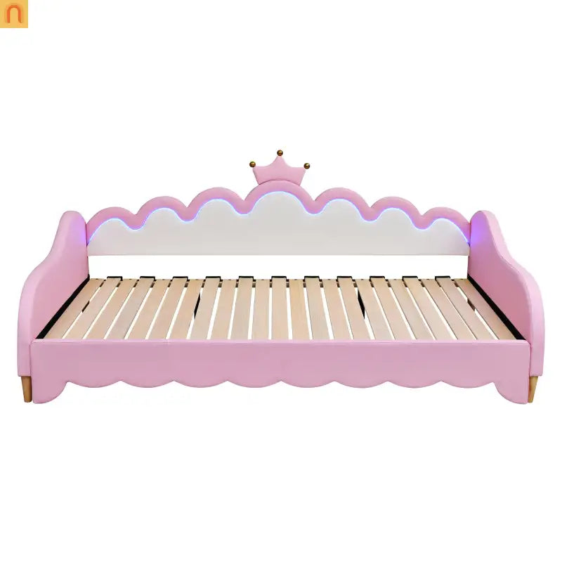 Twin Bed Frame Pink Crown Headboard LED Remote