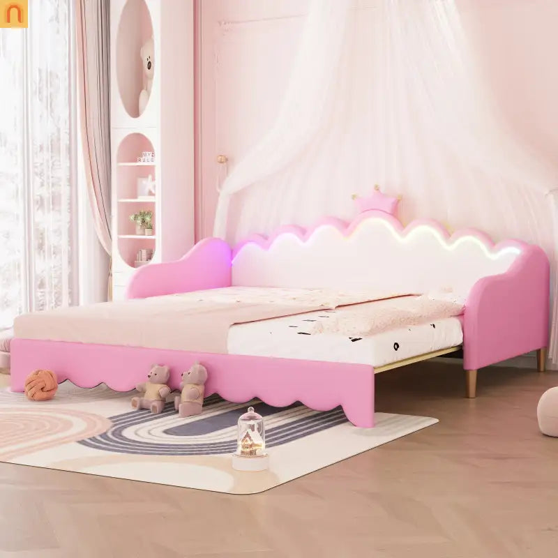Twin Bed Frame Pink Crown Headboard LED Remote