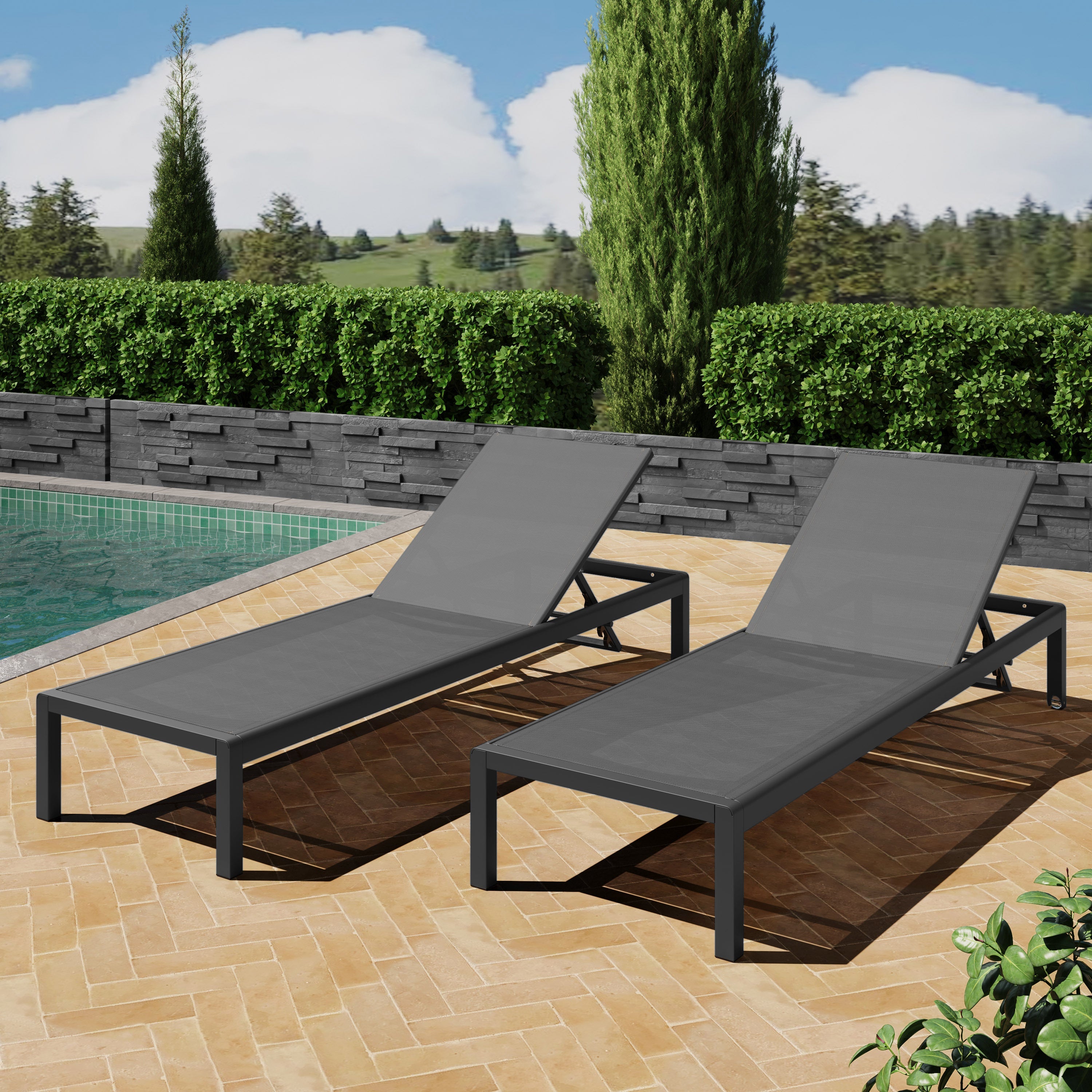 Outdoor Chaise Lounge Mesh Aluminum Black Gray Set of 2 Adjustable 77.5x25 In