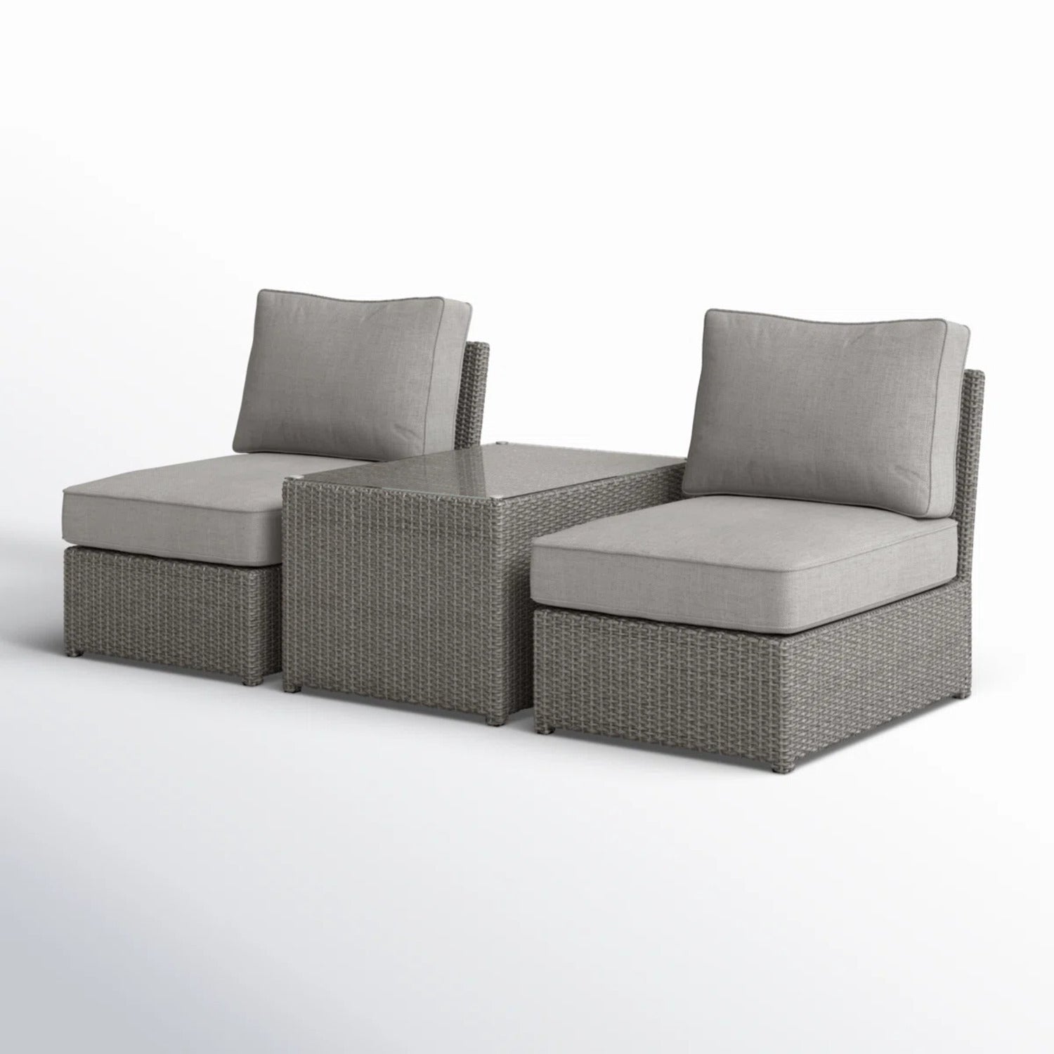 Outdoor Patio Set HDPE Wicker Gray 3 Piece 2 Armless Chairs Glass Table