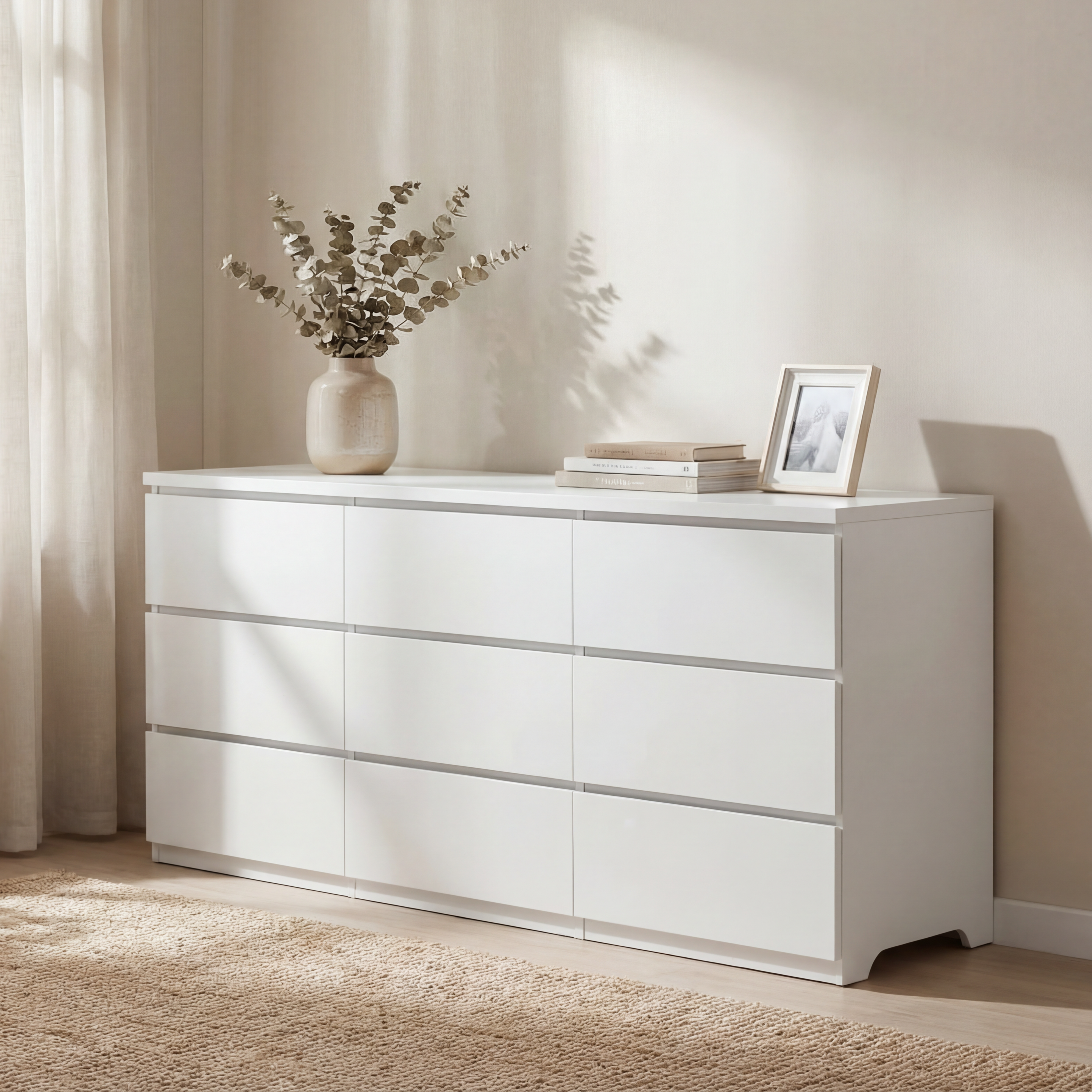 Dresser Modern 9-Drawer White Particle Board Handleless 63x15.74x29.5 In