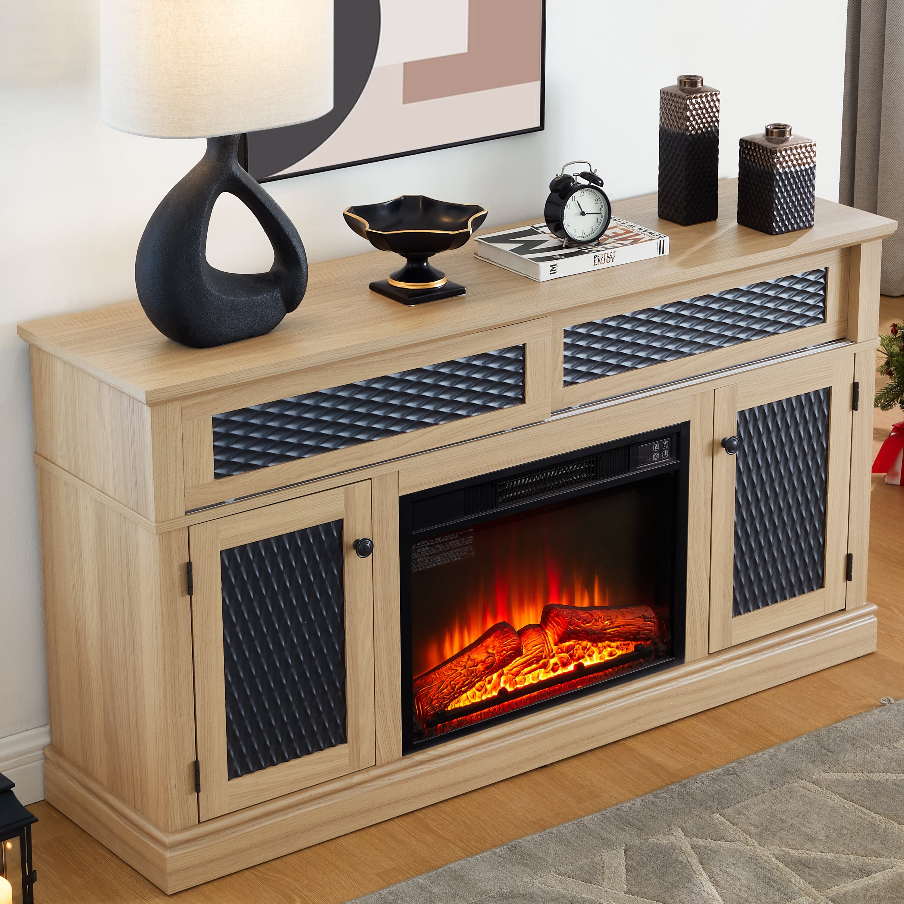 TV Stand Fireplace Light Oak MDF Embossed Doors 1400W Fits 65 In TV 58.27 In